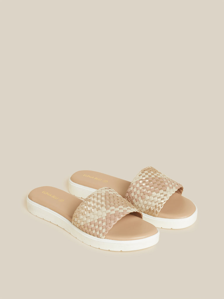 LUNA BLU Light Gold And Taupe Woven Slides